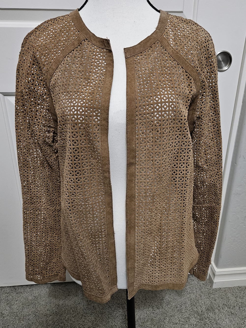 Dana Buchman Perforated Open-Front Suede Cardigan in Tan Brown